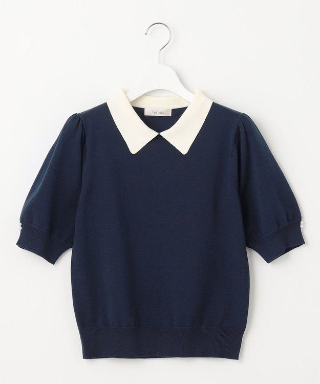 Feroux 【洗える】バイカラー襟 ニット ネイビー系