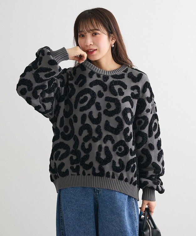 Green Parks ・ｆｕｒｒｙ　ｒａｔｅ　レオパードジャカードニット Charcoal Gray