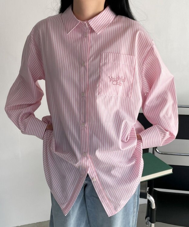 WEGO 【冷房対策】刺繍ストライプBIGシャツ ピンク