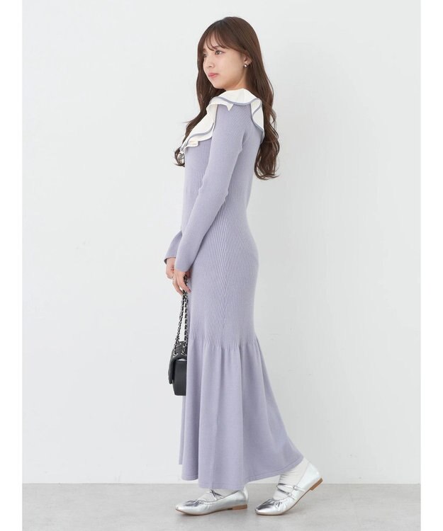 earth music&ecology パイピングフレアカラーニットワンピース Grayish Blue