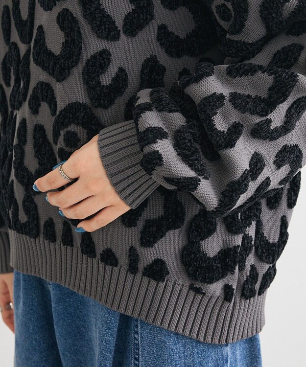 Green Parks ・ｆｕｒｒｙ　ｒａｔｅ　レオパードジャカードニット Charcoal Gray