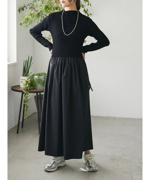 Green Parks AnriettMusee  リブニットドッキングワンピース Black