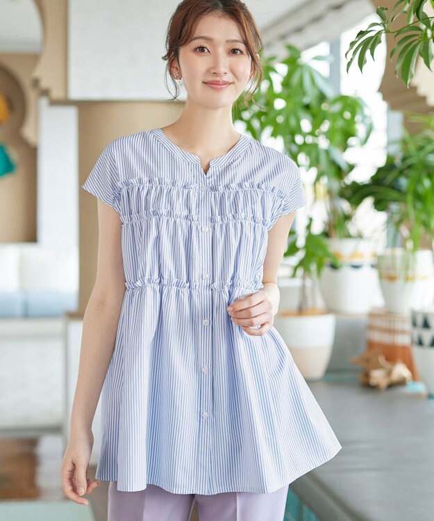 Tiaclasse L フリルティアードチュニック オフストライプ