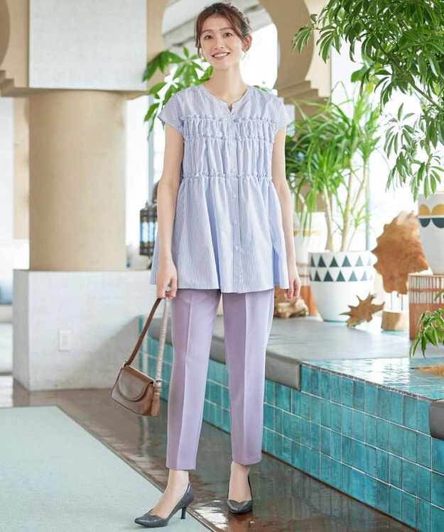 Tiaclasse L フリルティアードチュニック オフストライプ