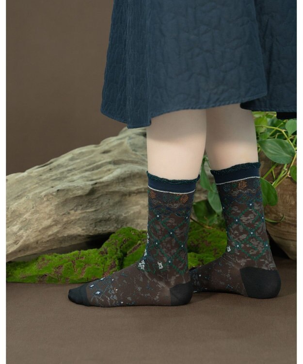 COQ Circulation ラメ花柄ソックス ダークブラウン