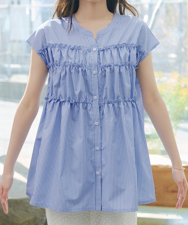 Tiaclasse L フリルティアードチュニック サックスストライプ