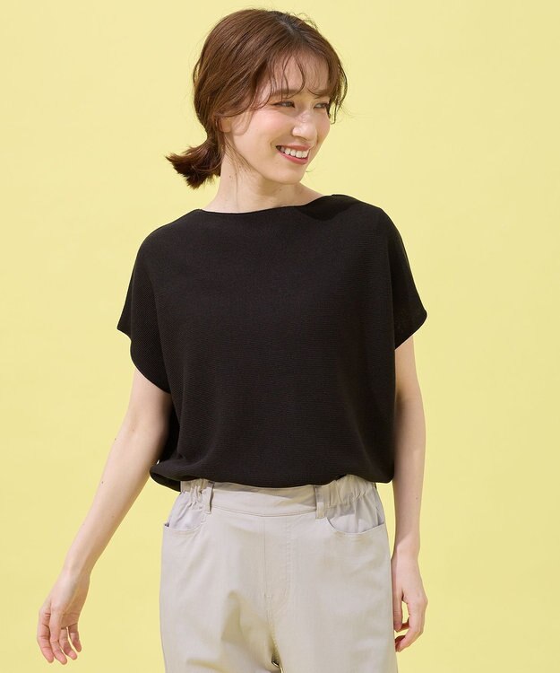 ANY 【洗濯機可/アンチピリング/UVカット】アクリルガーターフレンチスリーブニット ブラック