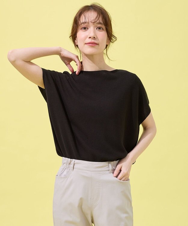 ANY 【洗濯機可/アンチピリング/UVカット】アクリルガーターフレンチスリーブニット ブラック