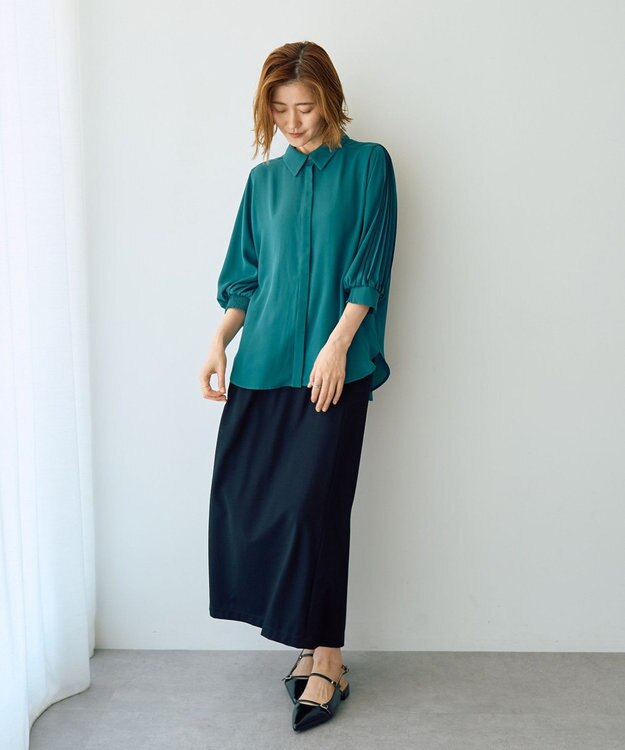 YECCA VECCA ラインプリーツスリーブシャツ Blue Green