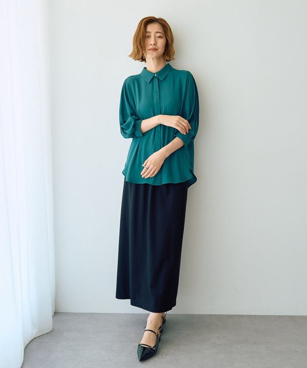 YECCA VECCA ラインプリーツスリーブシャツ Blue Green