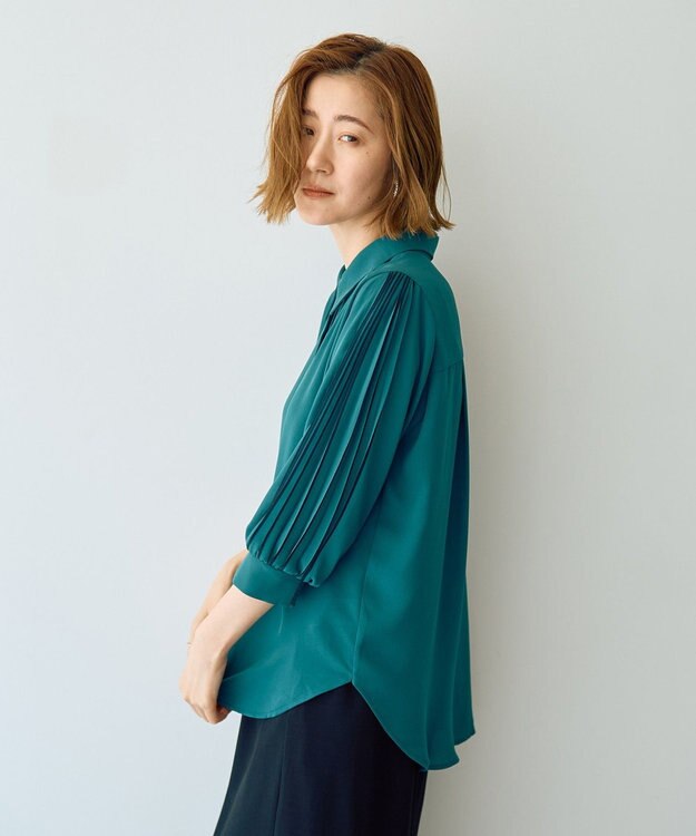 YECCA VECCA ラインプリーツスリーブシャツ Blue Green