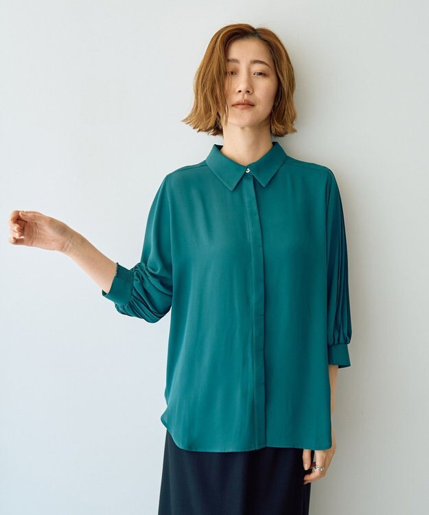 YECCA VECCA ラインプリーツスリーブシャツ Blue Green