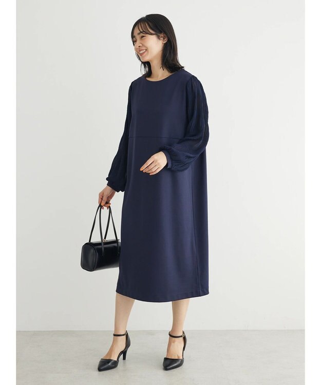 Green Parks マジョリカ袖ドッキングワンピース Dark Navy