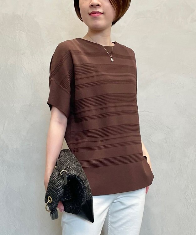 自由区 【洗える】クレープストレッチボーダー ニット ダークブラウン系