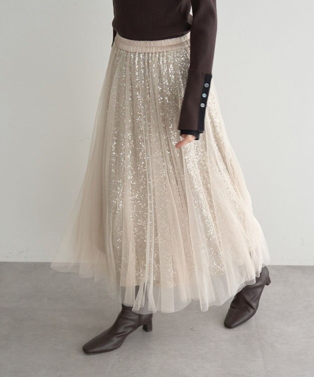 YECCA VECCA スパンコール×チュールスカート Ivory