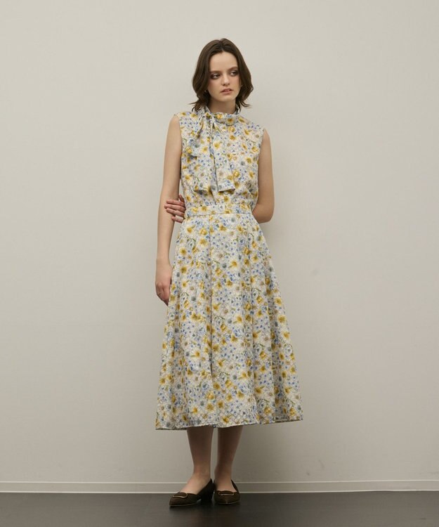 GRACE CONTINENTAL シアーフラワープリントジャガードフレアスカート イエロー