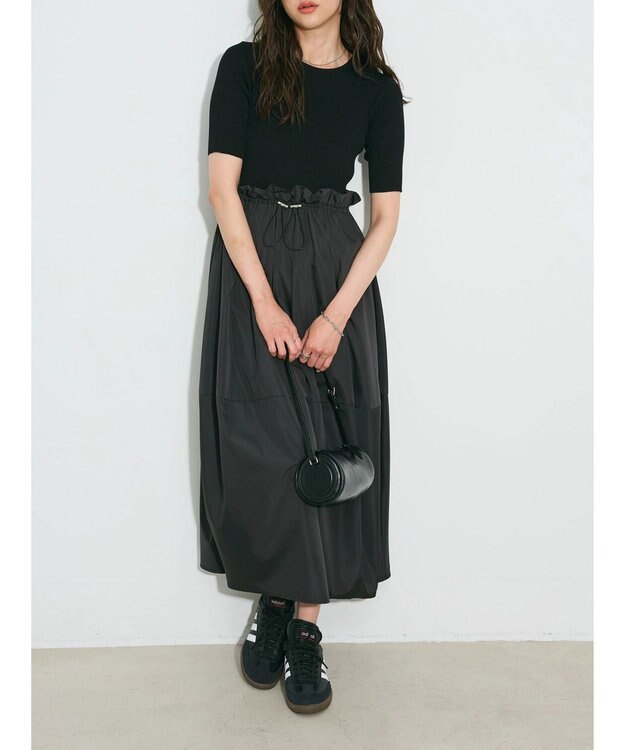 Green Parks ランタン型ニットドッキングタフタワンピース Black