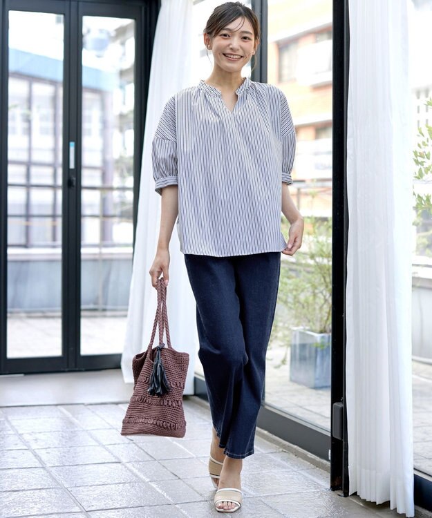 Tiaclasse 【洗える】バックギャザーシャツ ブルーストライプ