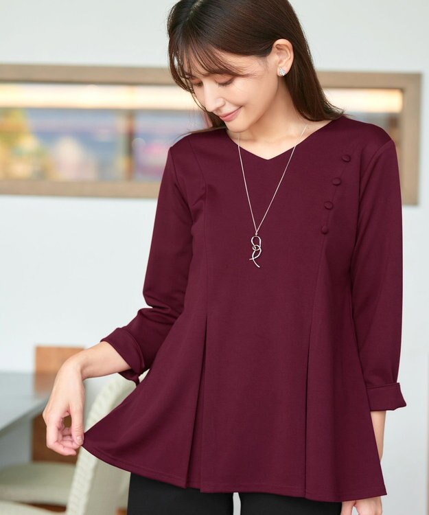 Tiaclasse L 【洗える】美ラインタックボタンカットソートップス ボルドー
