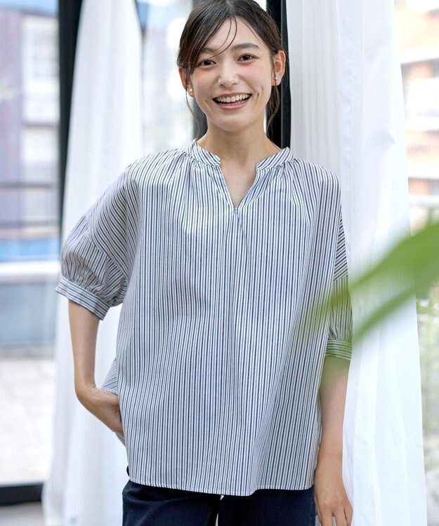 Tiaclasse 【洗える】バックギャザーシャツ ブルーストライプ