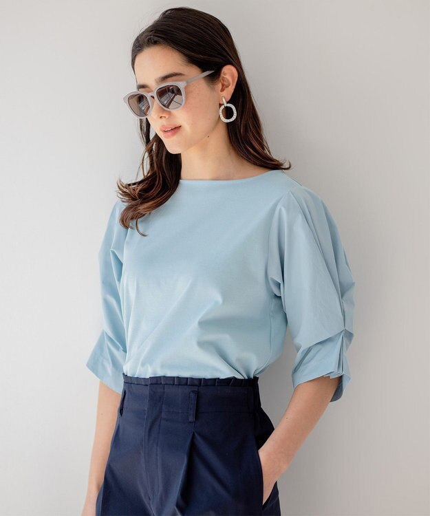 組曲 L 【洗える】プレーティングコンビブロー カットソーブラウス スカイブルー系