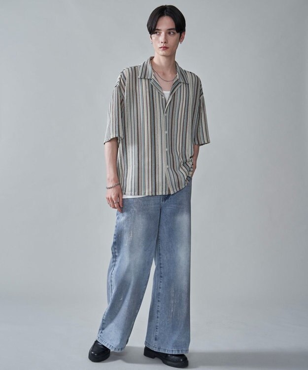 WEGO ストライプメッシュBIGシャツ（SS） オフホワイト