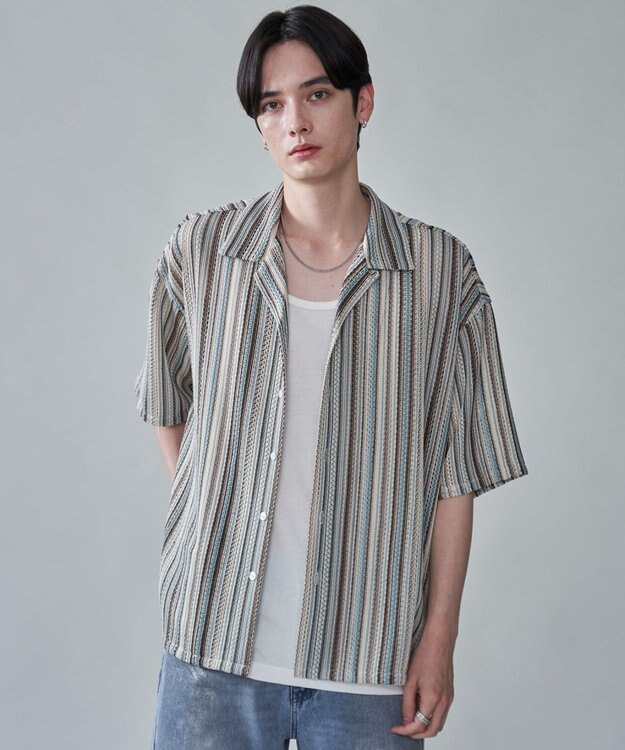 WEGO ストライプメッシュBIGシャツ（SS） オフホワイト