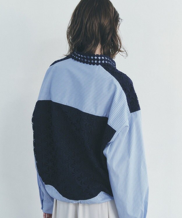 YECCA VECCA レースMIXレイヤードデザインシャツ Stripe Blue