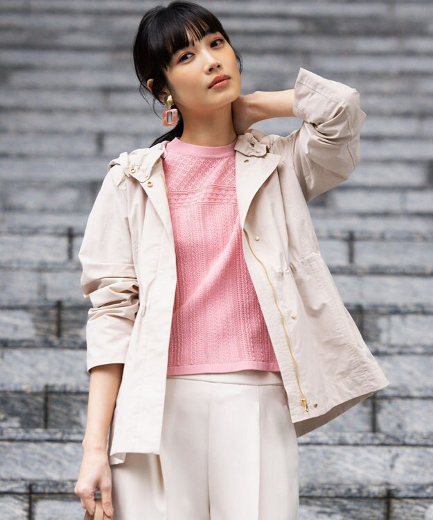 組曲 L 【WEB限定】編地切り替え 半袖ニット ピーチ系