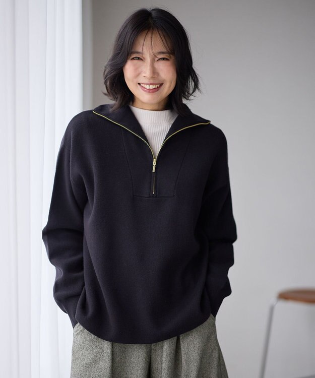 ANY スウェットライクハーフジップニット ブラック