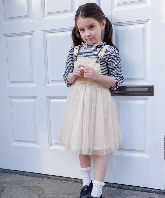 ANY KIDS シアー ギンガム 七分袖 Tシャツ ブラック