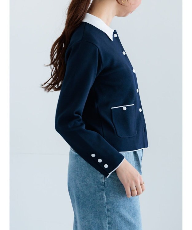 Te chichi 総針衿付きジャケットカーディガン ネイビー
