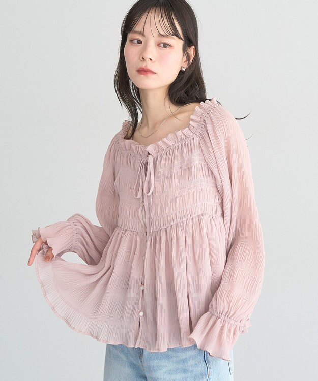 earth music&ecology 【2WAY】シャーリングフリルオフショルブラウス Pink Beige