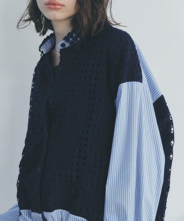 YECCA VECCA レースMIXレイヤードデザインシャツ Stripe Blue