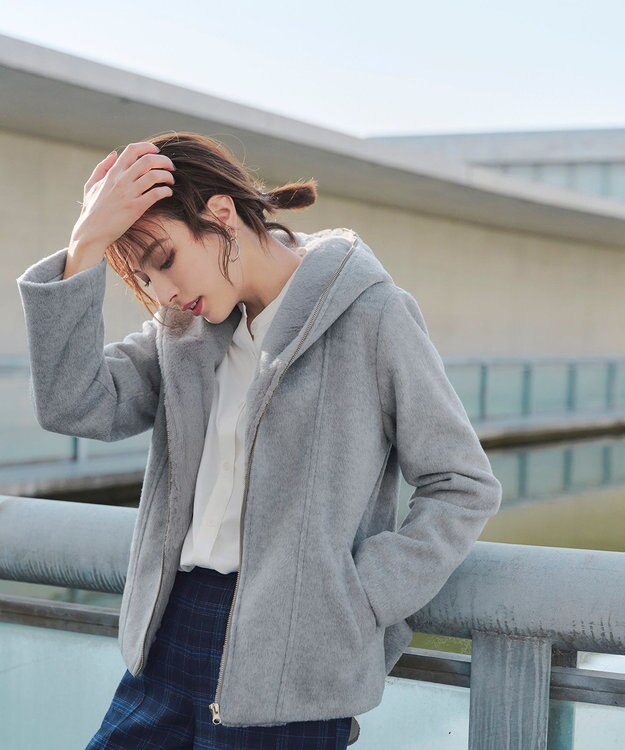 Tiaclasse モッサ風フード付きショートコート グレー