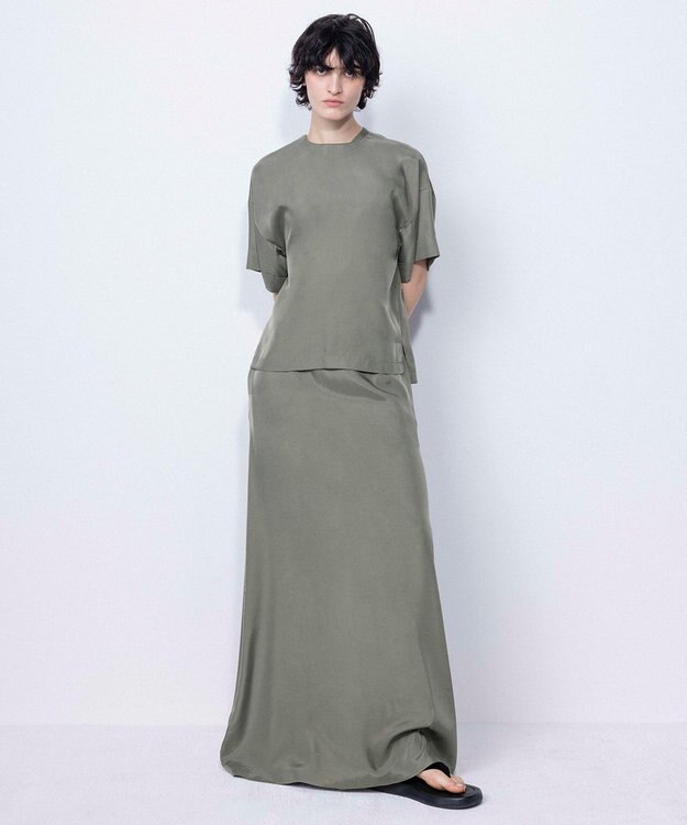 NAVE 【ReNAVE・セットアップ可/洗える/UVケア/接触冷感】フィブリルシャンブレー Aラインスカート カーキ系