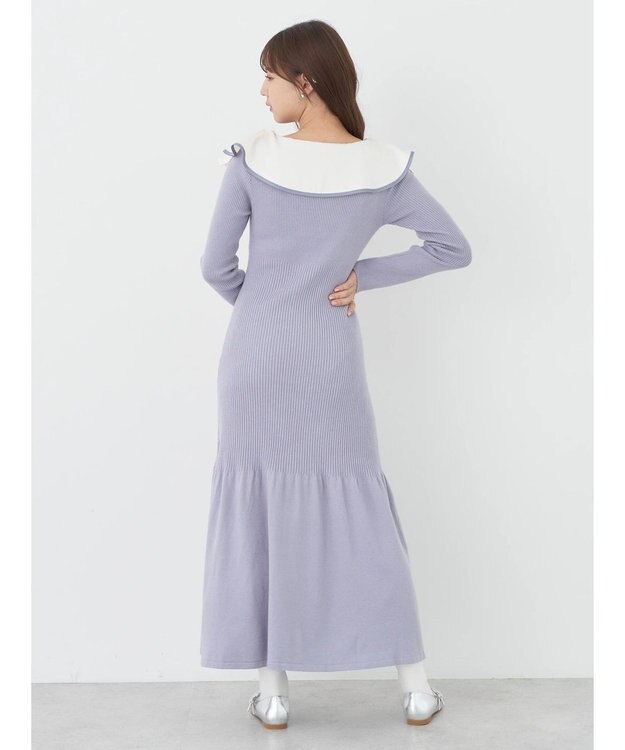 earth music&ecology パイピングフレアカラーニットワンピース Grayish Blue