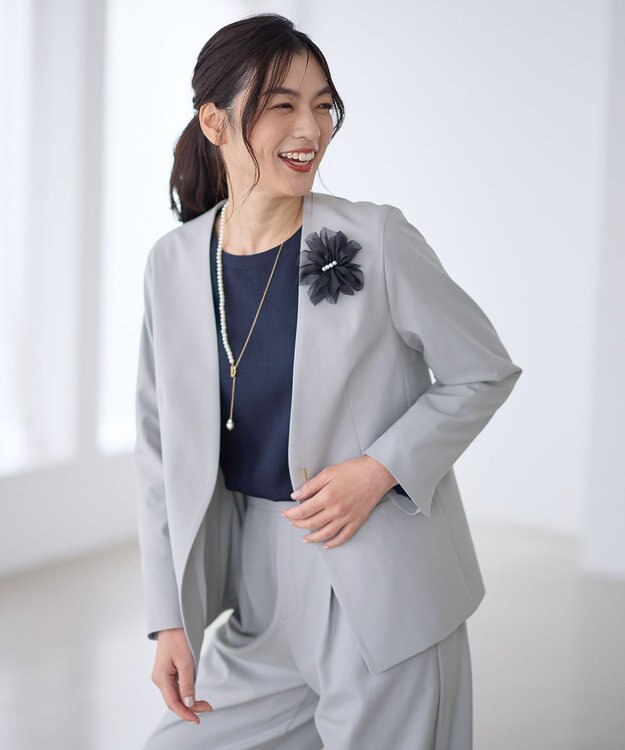 ANY L イージーケアライトストレッチノーカラージャケット ライトグレー