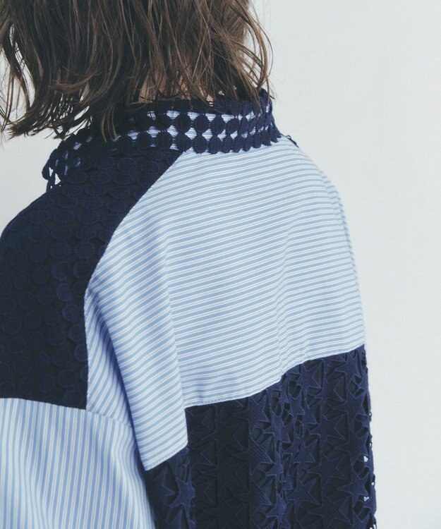 YECCA VECCA レースMIXレイヤードデザインシャツ Stripe Blue