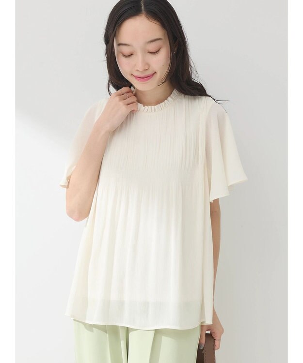 earth music&ecology マジョリカプリーツ半袖ブラウス Ivory