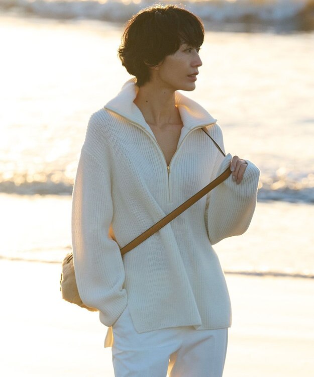 23区 L 【洗える】ウールコード ハーフジップ ニット アイボリー系