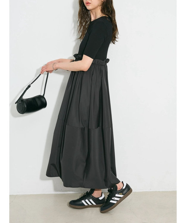 Green Parks ランタン型ニットドッキングタフタワンピース Black