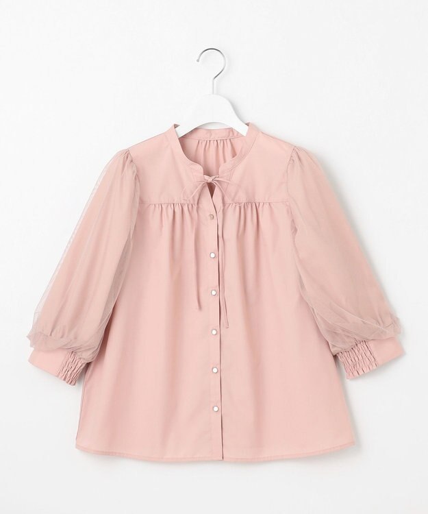 Feroux 袖チュールリボンスキッパー ブラウス ピンク系