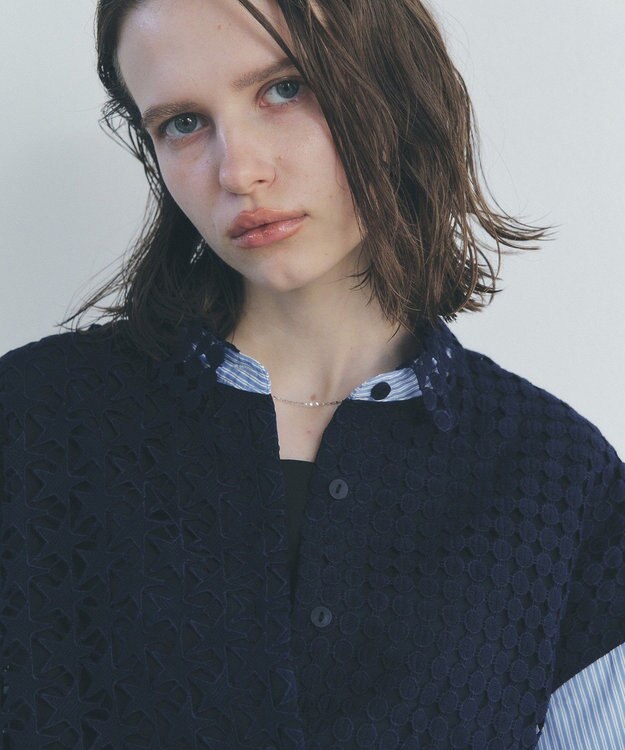 YECCA VECCA レースMIXレイヤードデザインシャツ Stripe Blue