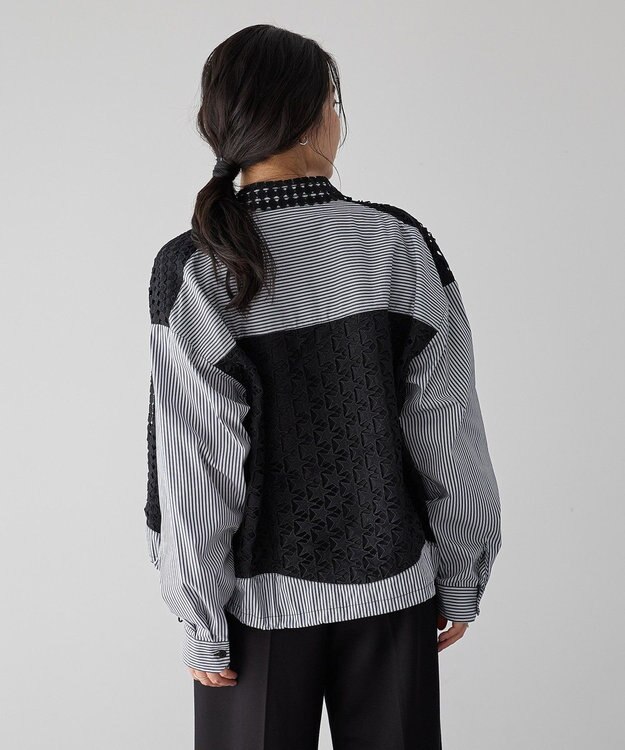 YECCA VECCA レースMIXレイヤードデザインシャツ Stripe Black