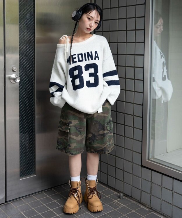 WEGO フラッフィー2WAYグラフィックワンショルBIGニット ホワイトアイボリー