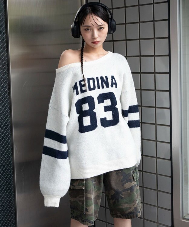 WEGO フラッフィー2WAYグラフィックワンショルBIGニット ホワイトアイボリー