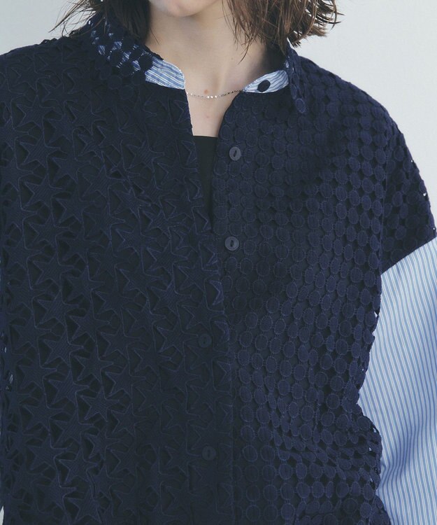 YECCA VECCA レースMIXレイヤードデザインシャツ Stripe Blue