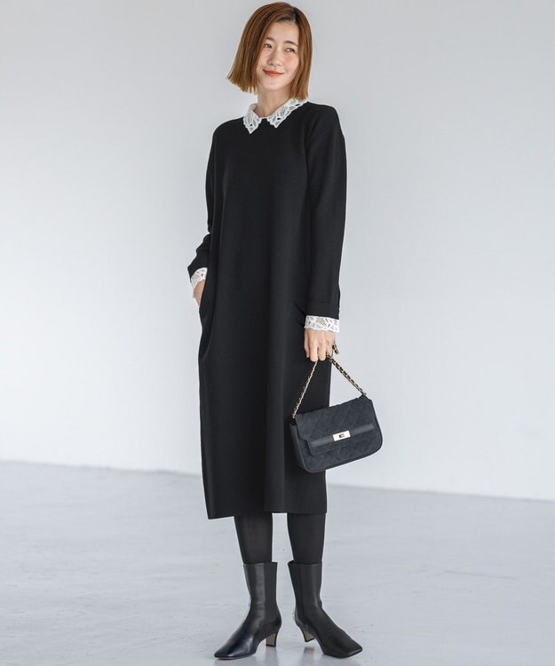 23区 【洗える/吊り干しOK】ヴィスコースストレッチ レース襟 ワンピース ブラック系