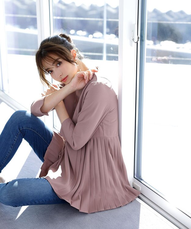 Tiaclasse L 【洗える】 サイドプリーツ長袖チュニックブラウス ピンク